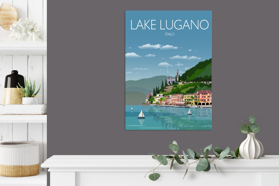 Travel Poster Of Lake Lugano Travel Print Of Lake Lugano Lake Lugano Italy Italy Travel Poster Italian Lakes - Image 3