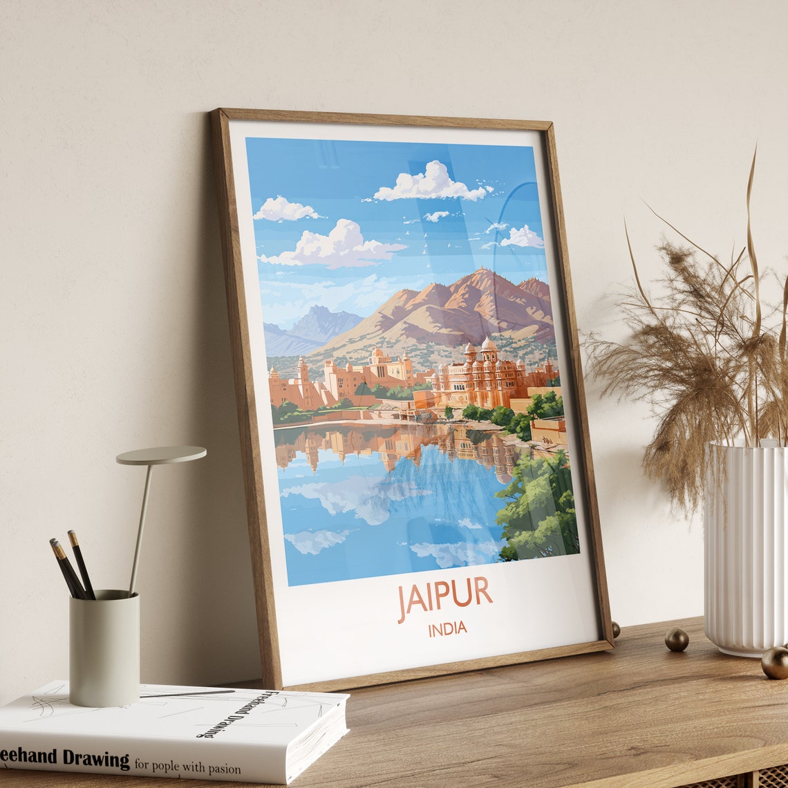 Jaipur India Pink Palace Lake Reflection Mountain Art Poster - Image 3