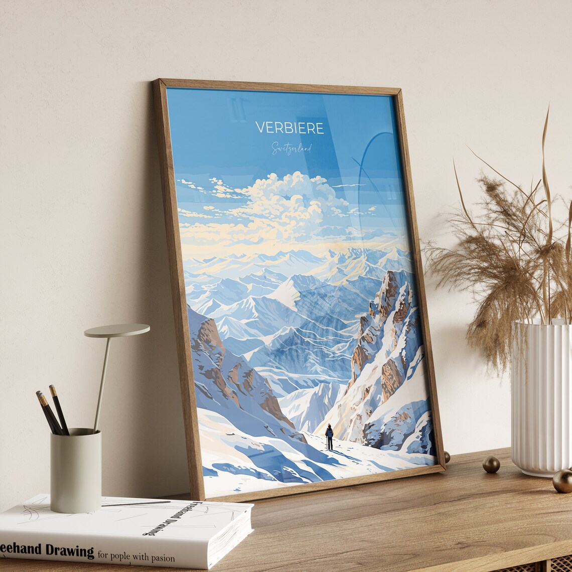 Verbier Switzerland Mountain Peaks Skier Alpine Scene Poster - Image 2