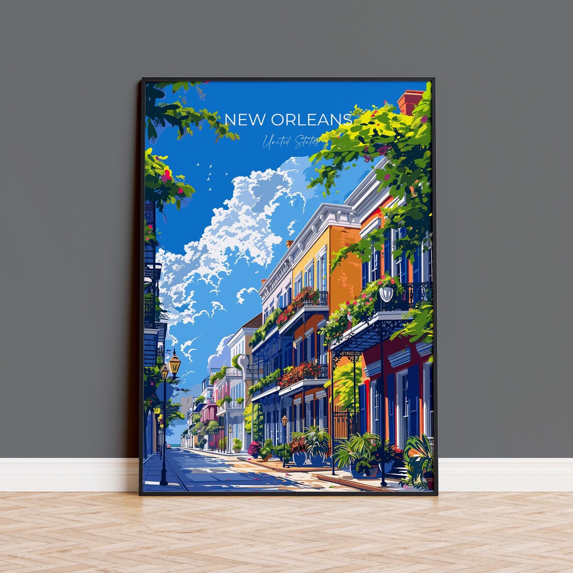 New Orleans United States Colorful Balcony Street Lamp Travel Poster