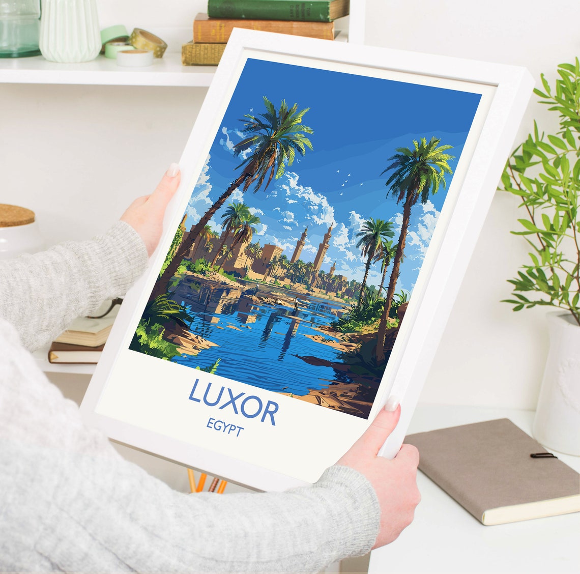 Elegant Luxor Egypt Nile River Palms Bottom Text Travel Poster - Image 3