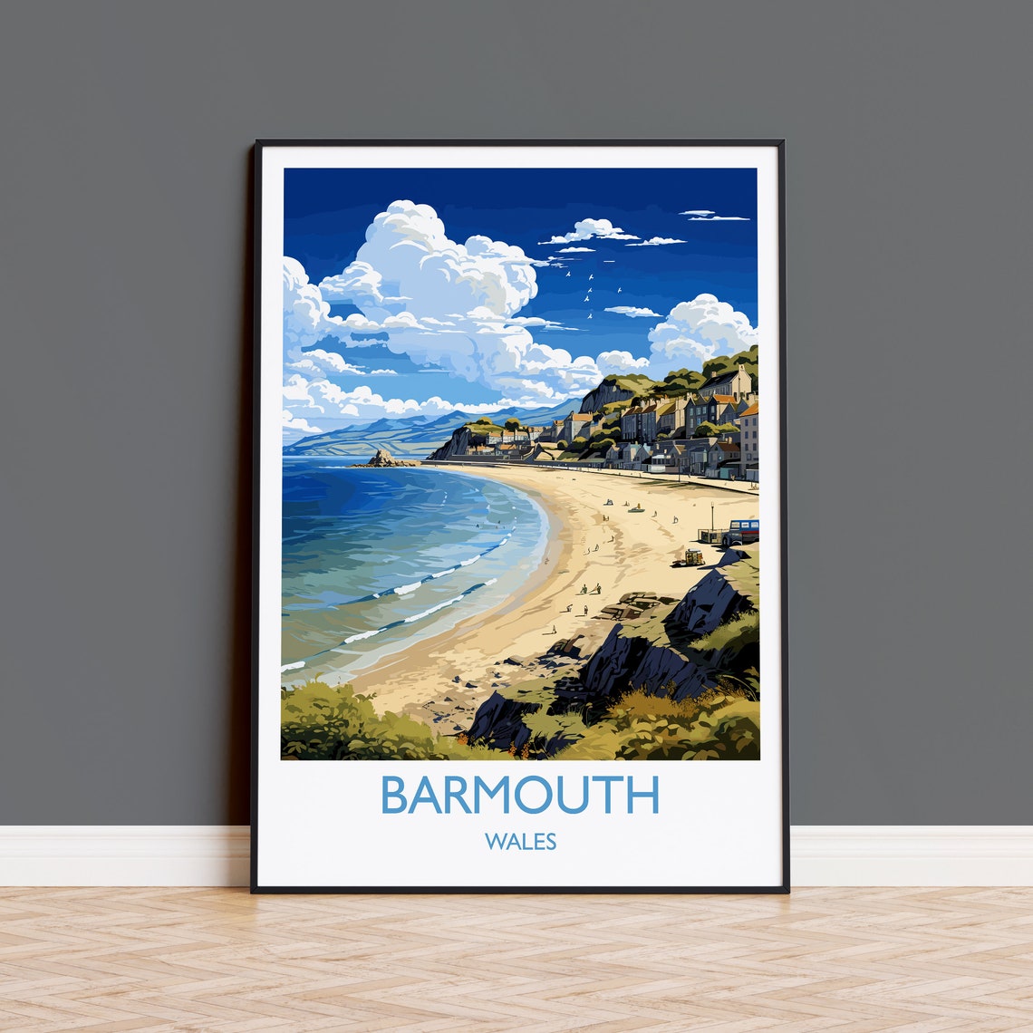 Barmouth Wales Sandy Beach Bay Coastal Cliffs Seaside Travel Poster