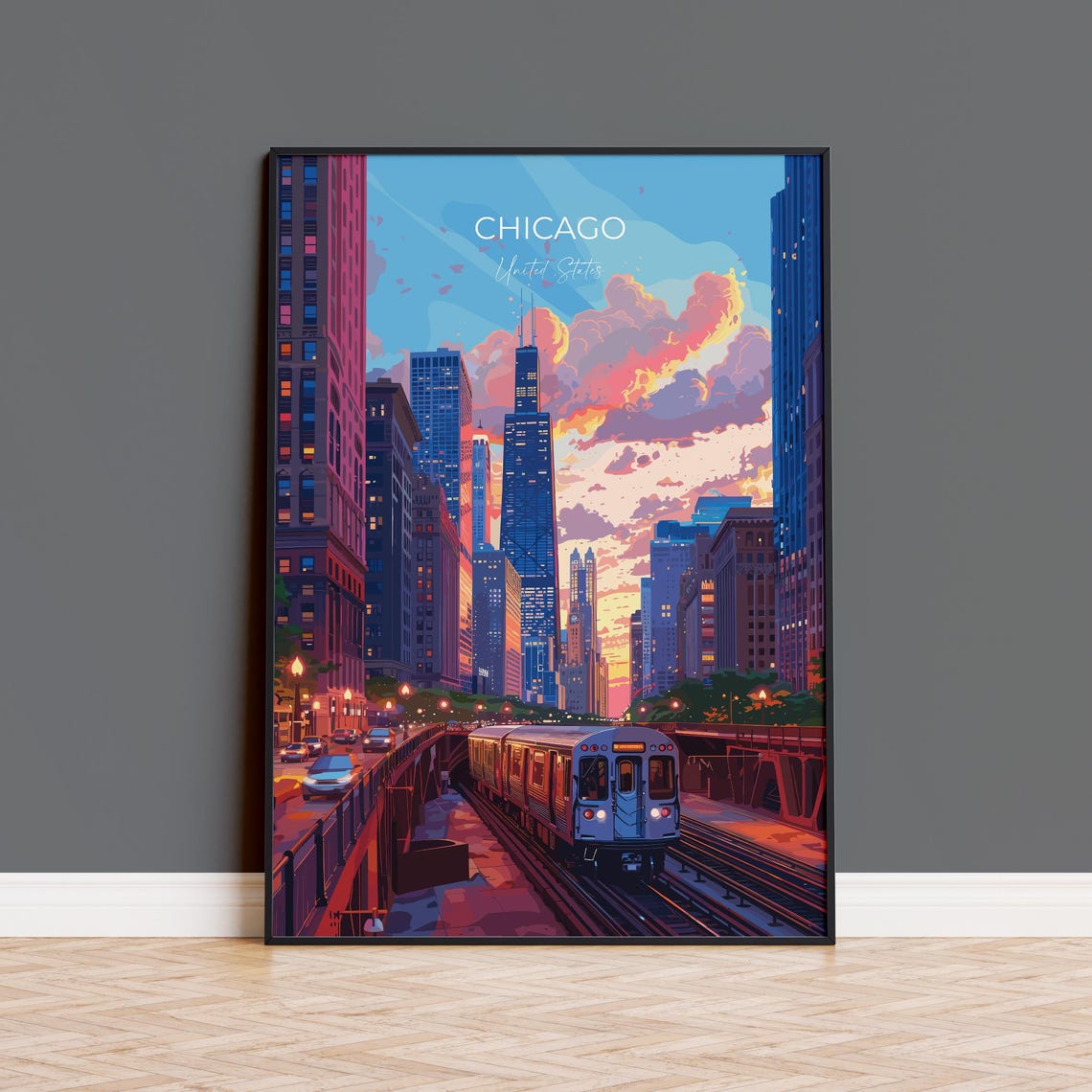 Chicago L Train Sunset Willis Tower Downtown Skyline Travel Poster