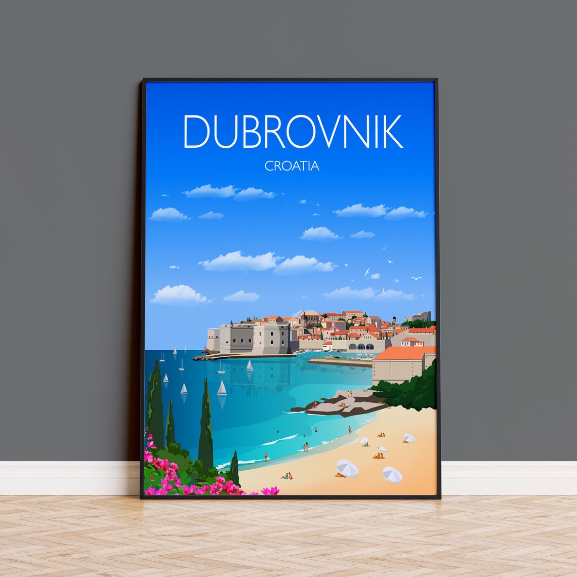 Dubrovnik Croatia Old Town Beach City Walls Summer Scene Poster