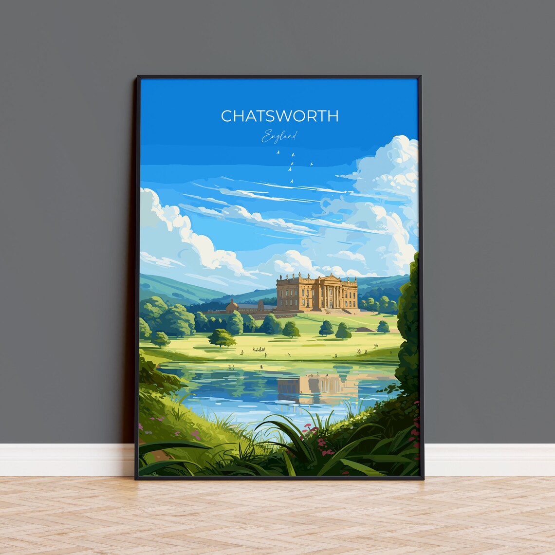 Chatsworth England Travel Poster Stately Home Gardens Lake View