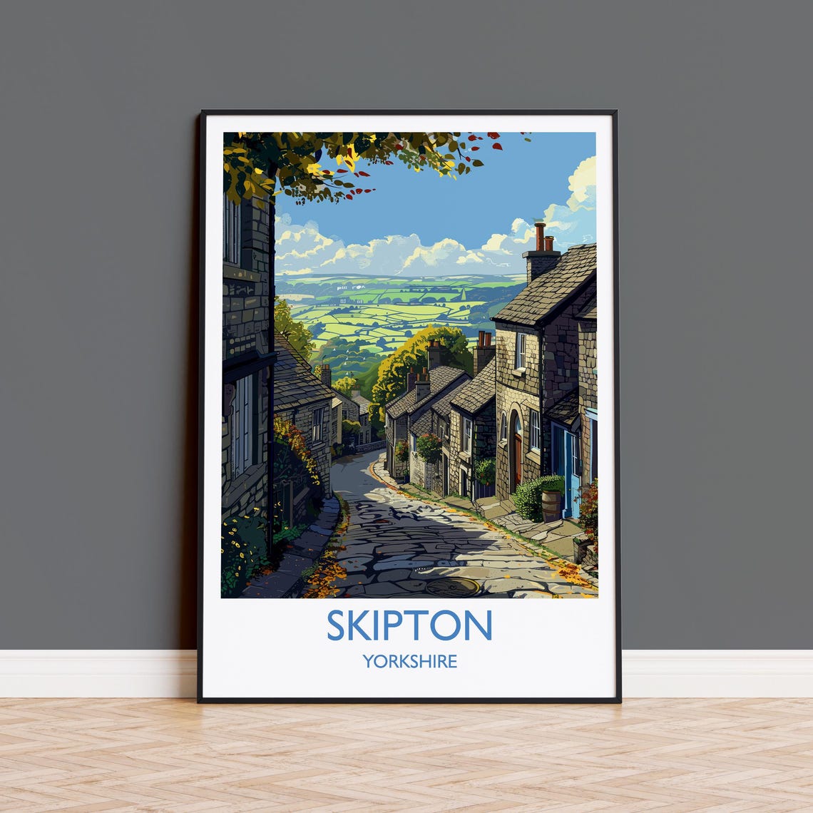 Skipton Yorkshire Cobbled Stone Lane View Retro Travel Poster