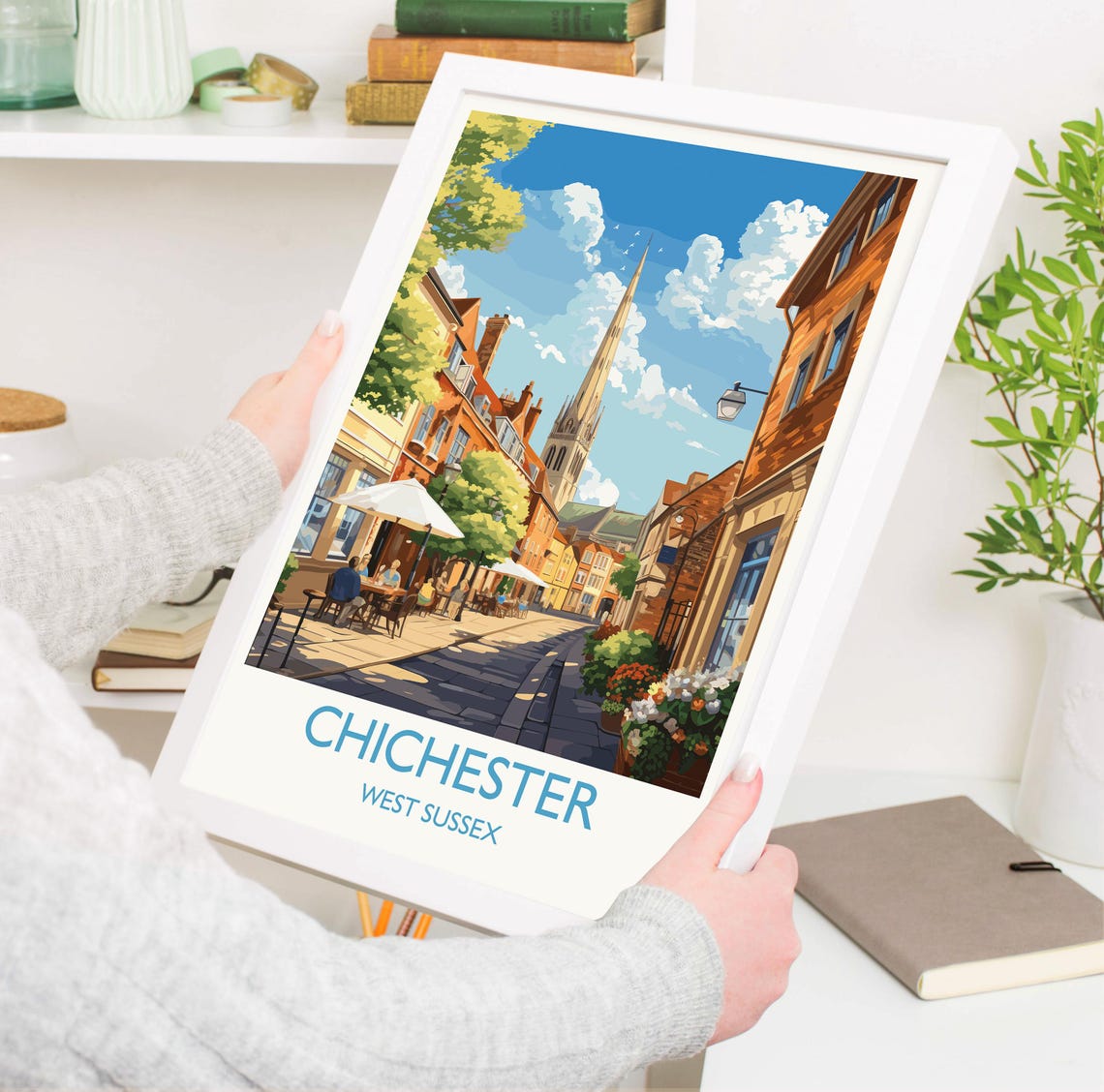 Chichester Cathedral Street Scene Poster With White Border Art - Image 3