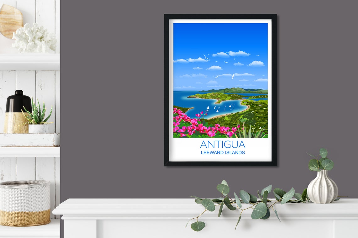 Antigua Leeward Islands Bay Travel Poster Sailboats Bougainvillea - Image 3