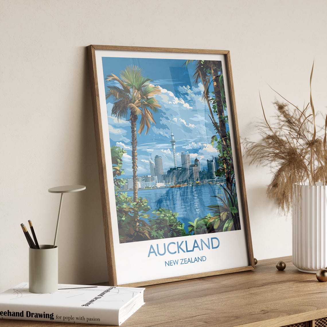 Auckland Skyline Sky Tower Harbour With Bottom Caption Band Poster - Image 2