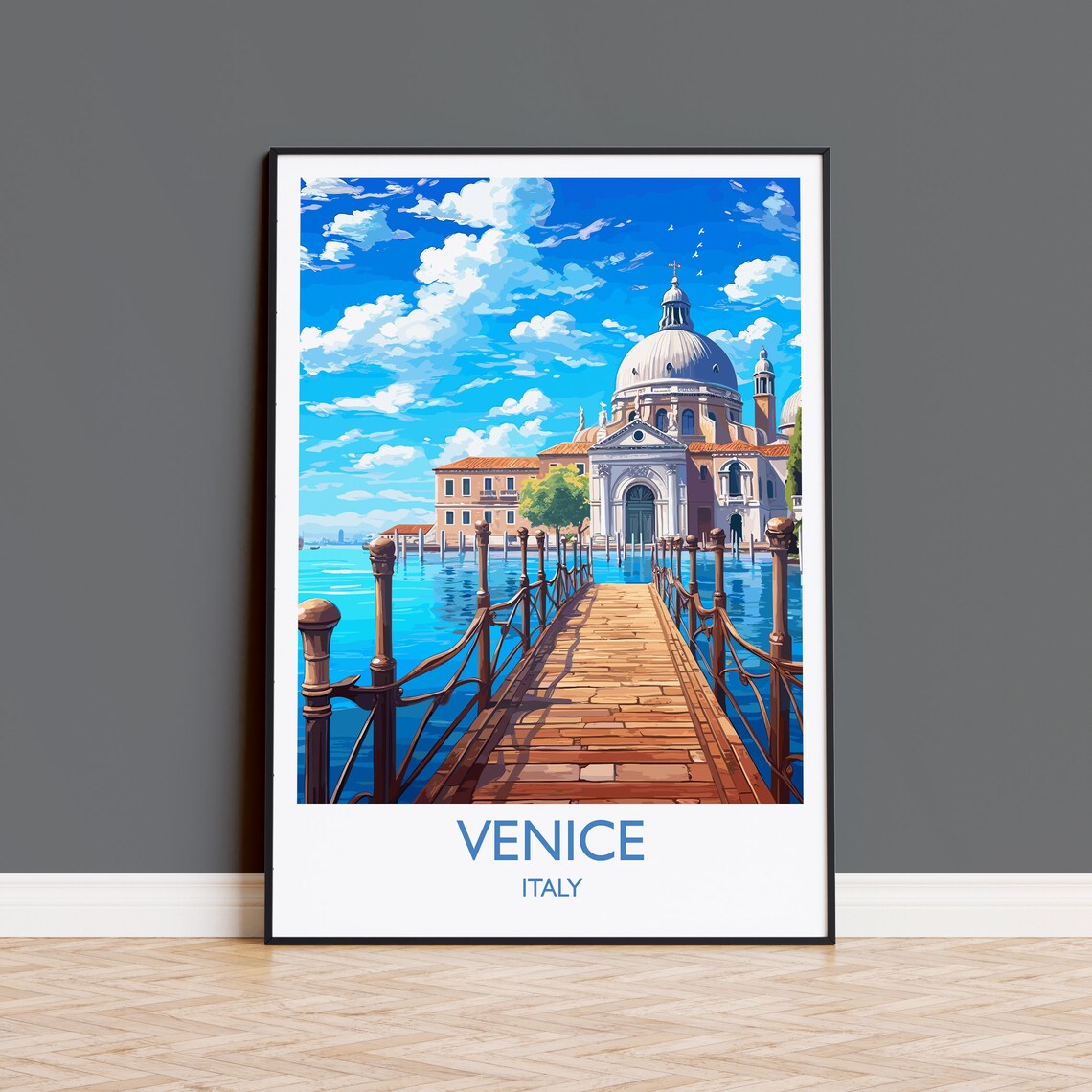 Venice Italy Lagoon Pier Domed Church Wooden Jetty Travel Poster