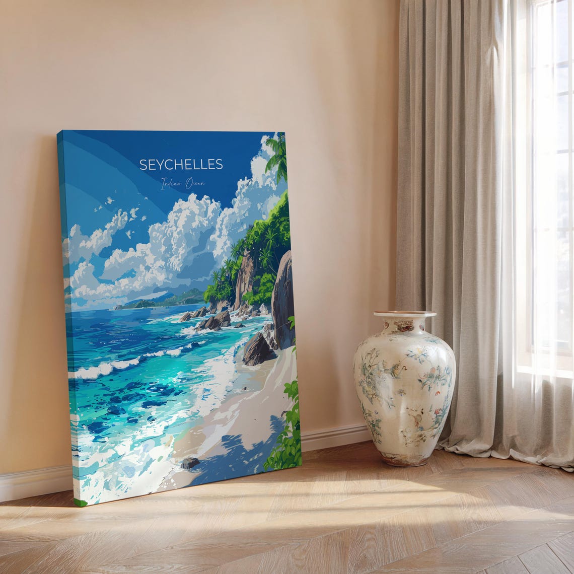 Seychelles Indian Ocean Beach Script Title Travel Poster Art - Image 2