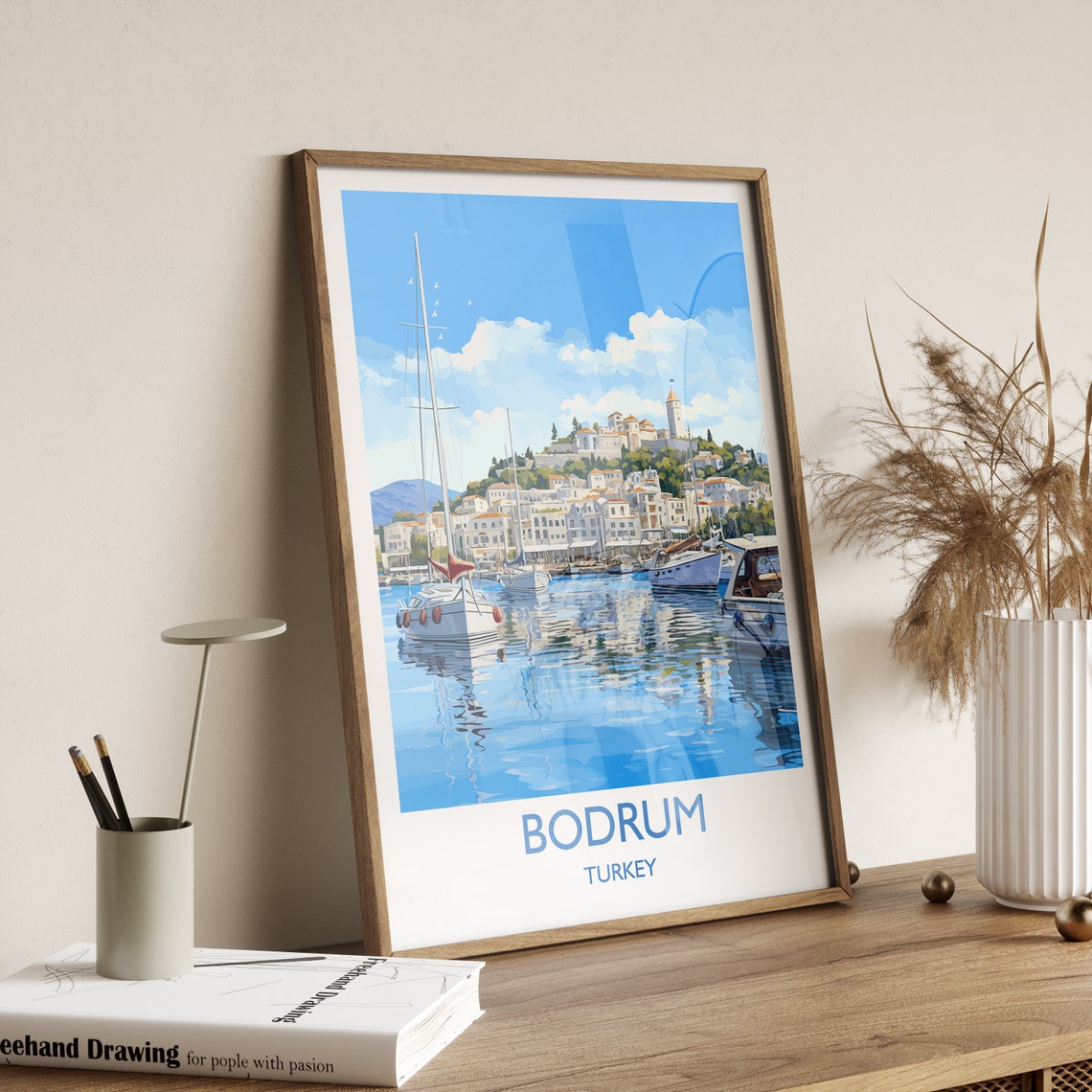 Bodrum Turkey Harbor Sailboats Seafront Hill Town View Poster - Image 3
