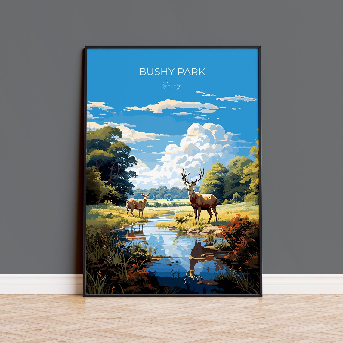 Bushy Park Surrey Red Deer Stag Pond Woodland Wildlife Poster