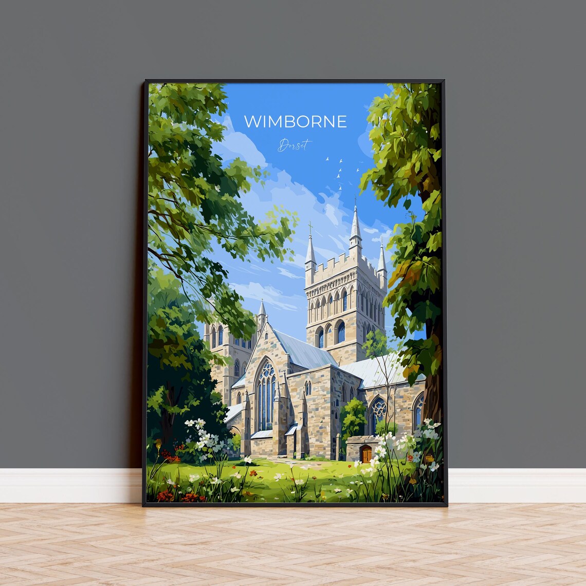 Wimborne Dorset Minster Stone Towers Summer Garden Scene Poster
