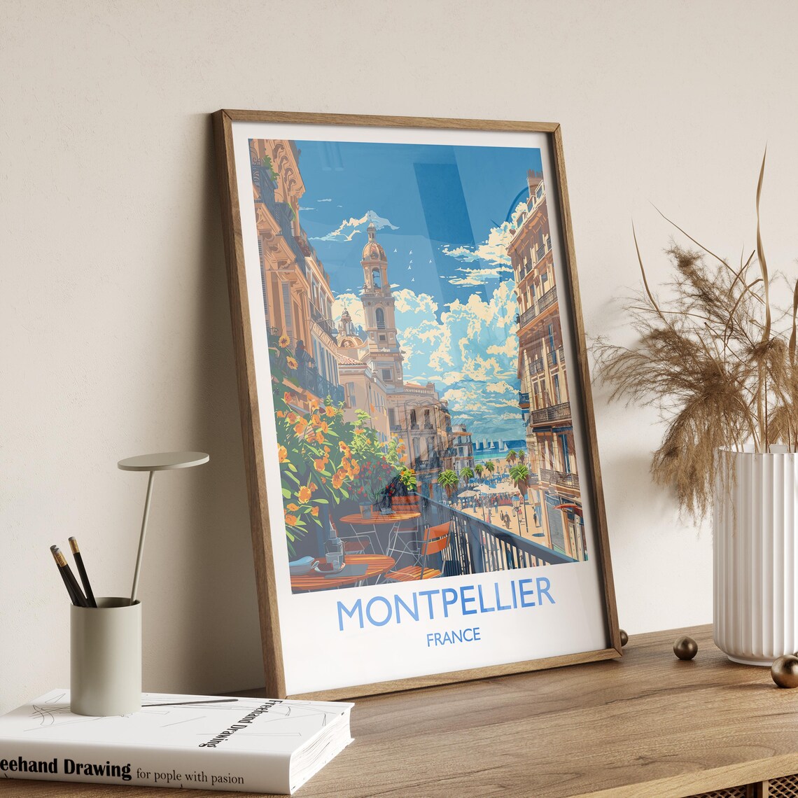 Montpellier France Balcony Cafe Street White Border Travel Poster - Image 2