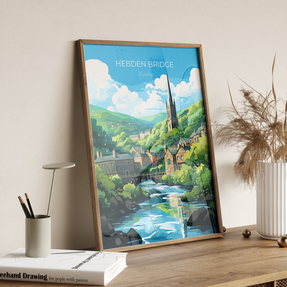 Hebden Bridge Yorkshire Valley Church Spire Illustrated Poster - Image 3