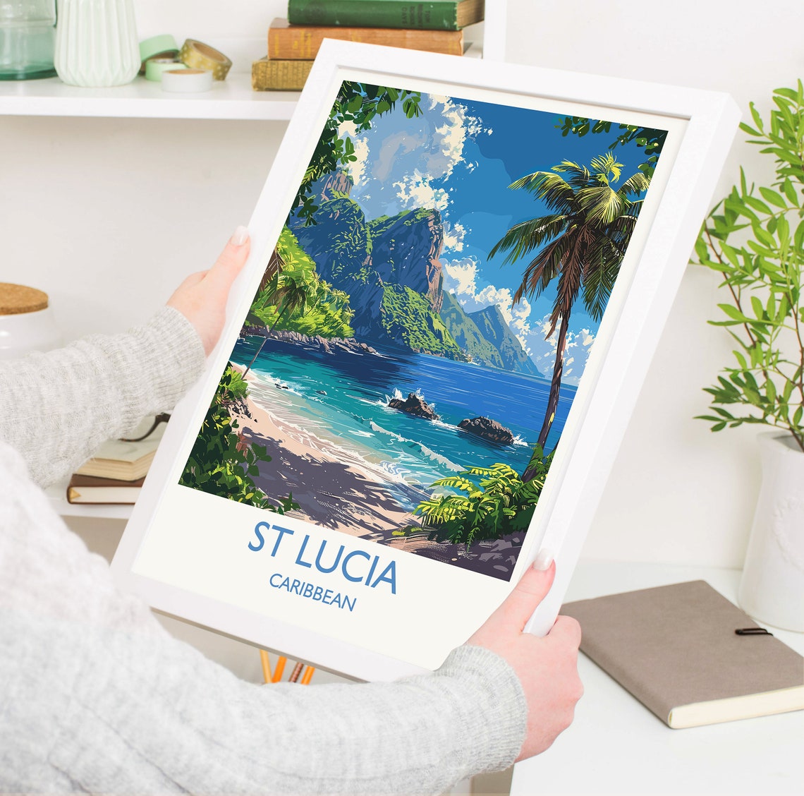 St Lucia Caribbean Pitons Rocky Cove Blue Ocean Palm Art Poster - Image 3