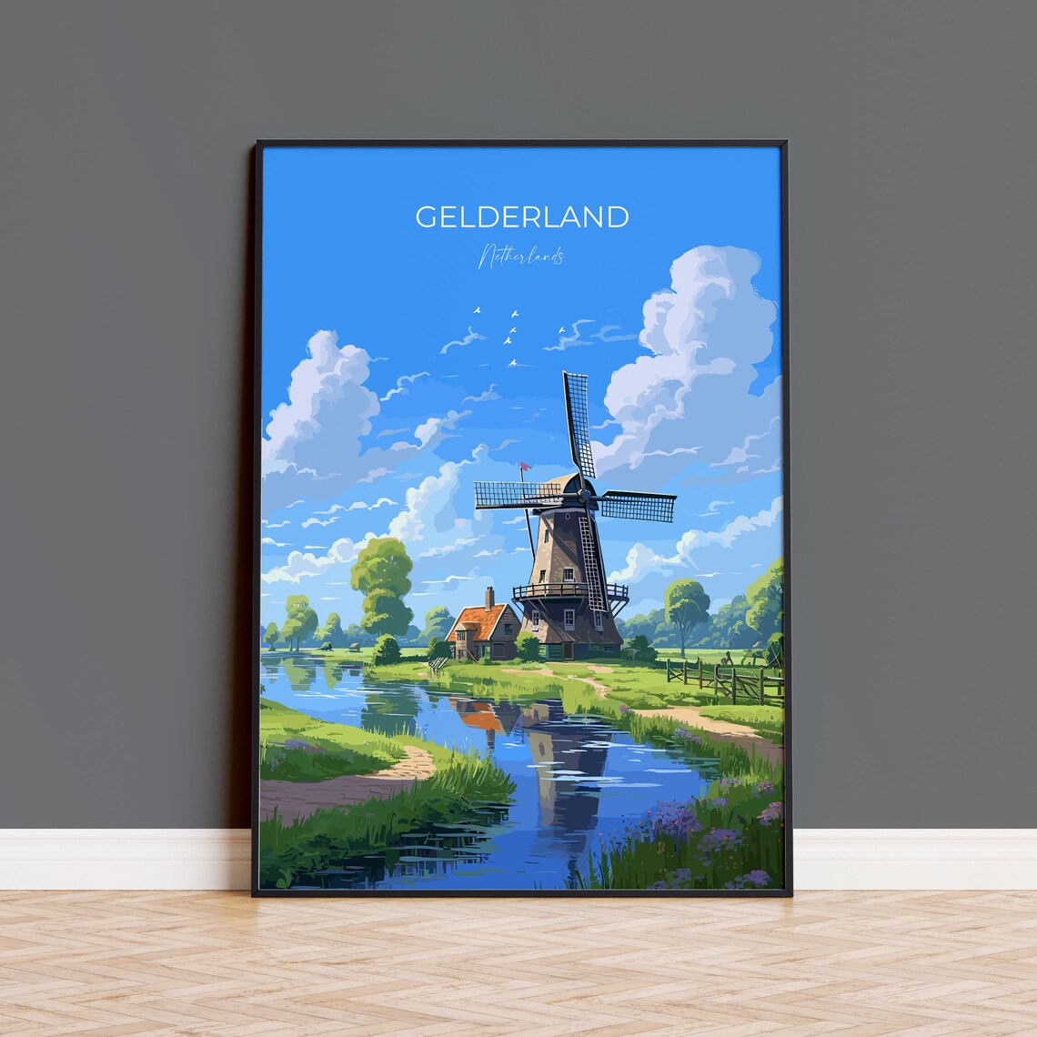 Gelderland Dutch Windmill Netherlands Canal Countryside Poster