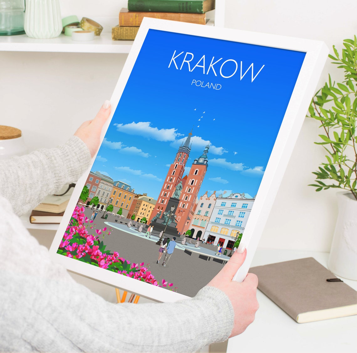 Krakow Poland Old Town Square Twin Spires Skyline Art Poster - Image 5