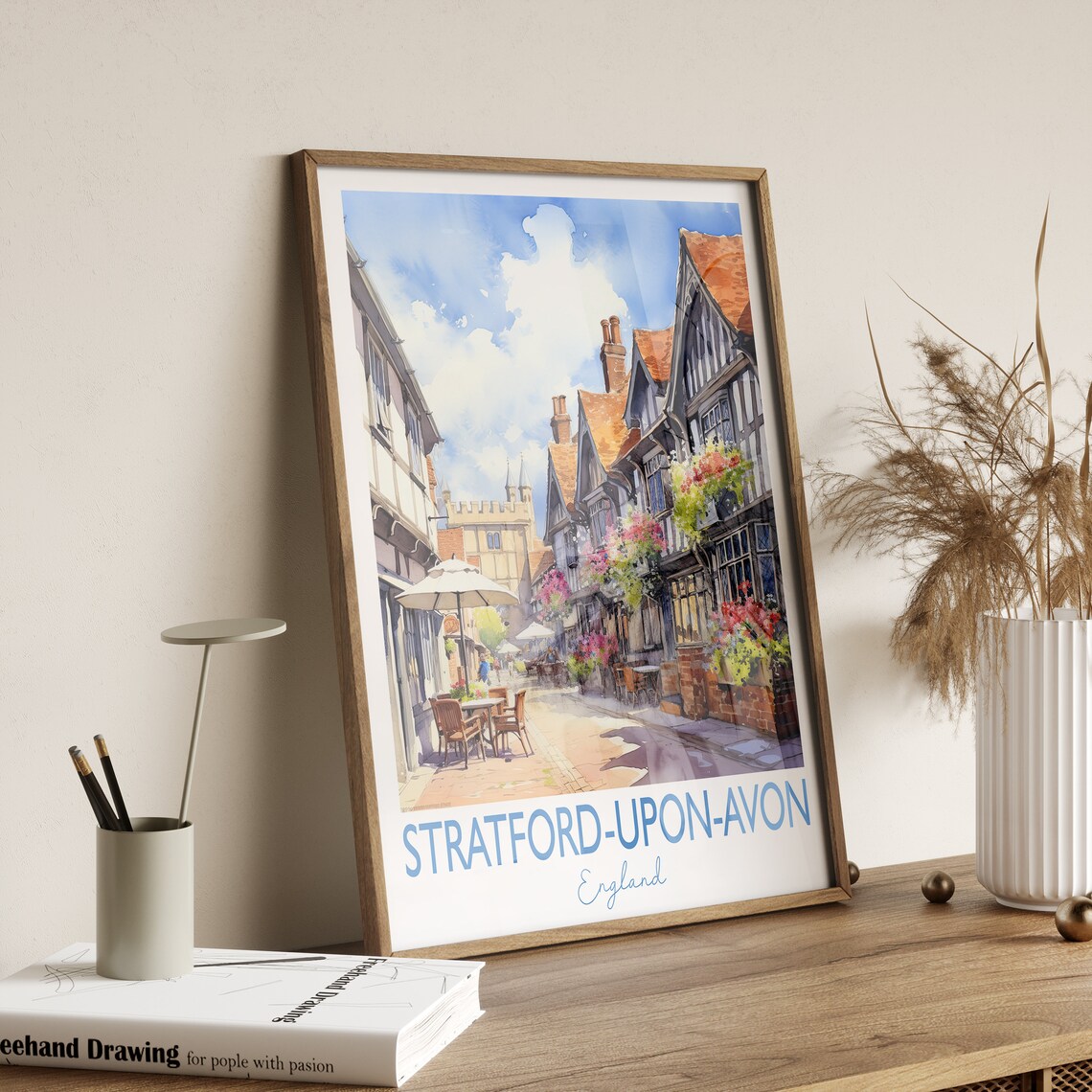 Stratford Upon Avon Watercolor Tudor Street England Travel Poster - Image 3
