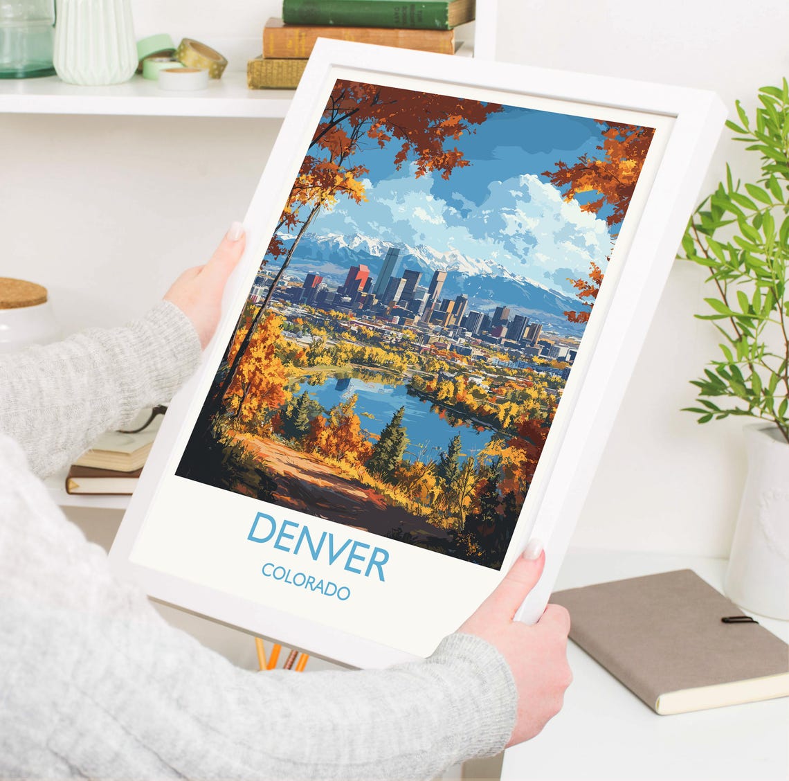 Denver Skyline Fall Colors Lake View Poster With White Border - Image 3