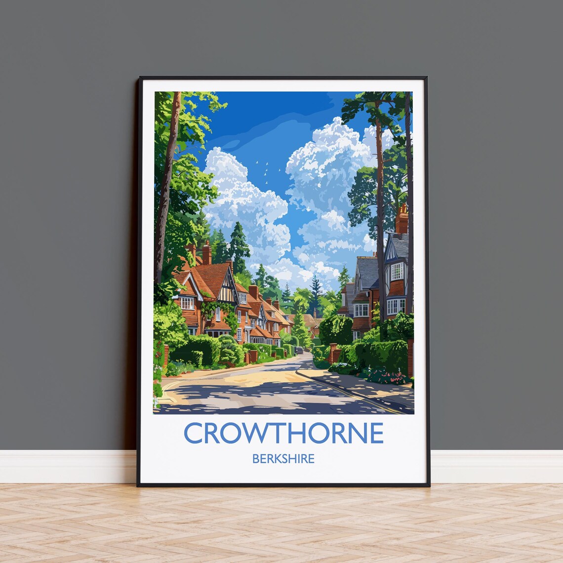 Crowthorne Berkshire Tall Pine Trees Street Retro Travel Poster