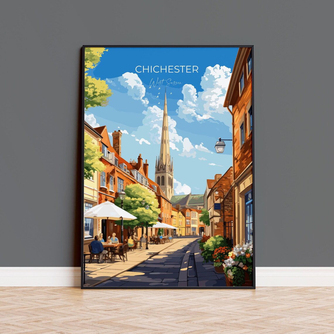 Chichester Cathedral Spire Cobbled Street Cafes Travel Poster