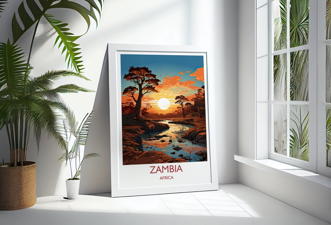 Zambia Africa Sunset River Safari Wildlife Travel Art Poster - Image 3