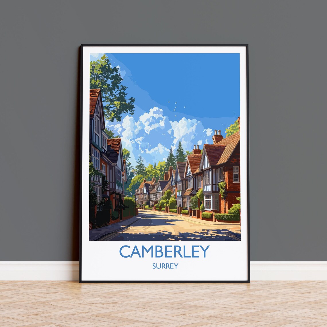 Camberley Surrey Tudor Style Brick Street Retro Travel Poster