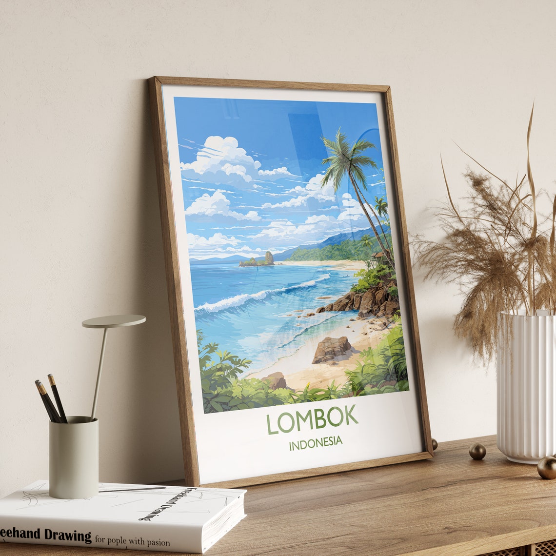 Lombok Indonesia Tropical Beach Palm Surf Travel Poster Island Decor - Image 3