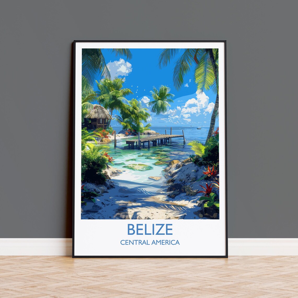 Belize Beach Cove Thatched Hut Wooden Jetty Travel Poster With Title Below