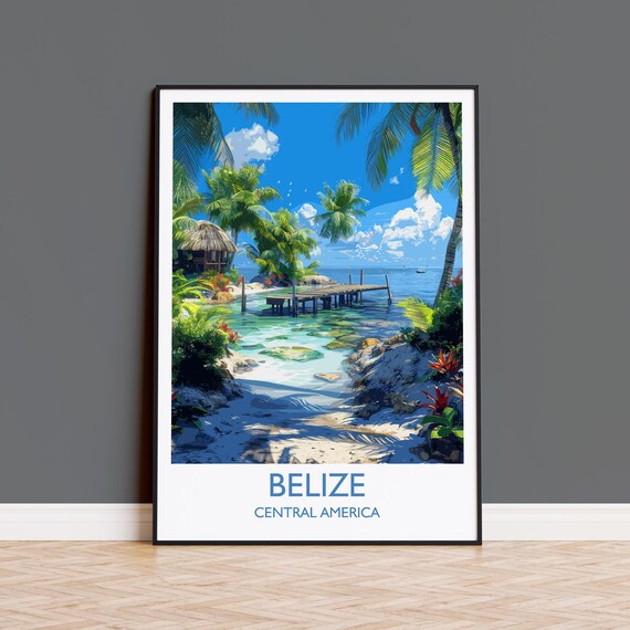 Belize Beach Cove Thatched Hut Wooden Jetty Travel Poster With Title Below