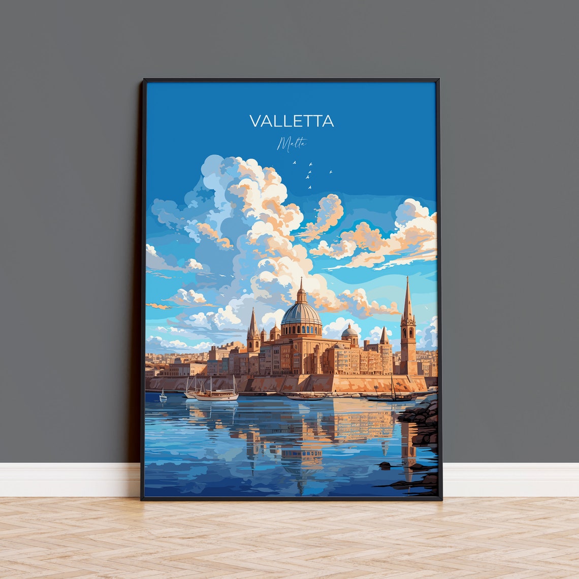 Valletta Malta Grand Harbour Basilica Dome Skyline Travel Poster