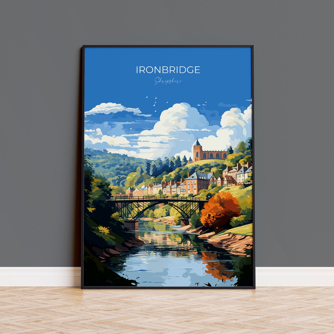 Ironbridge Shropshire River Town Bridge View Vintage Script Poster
