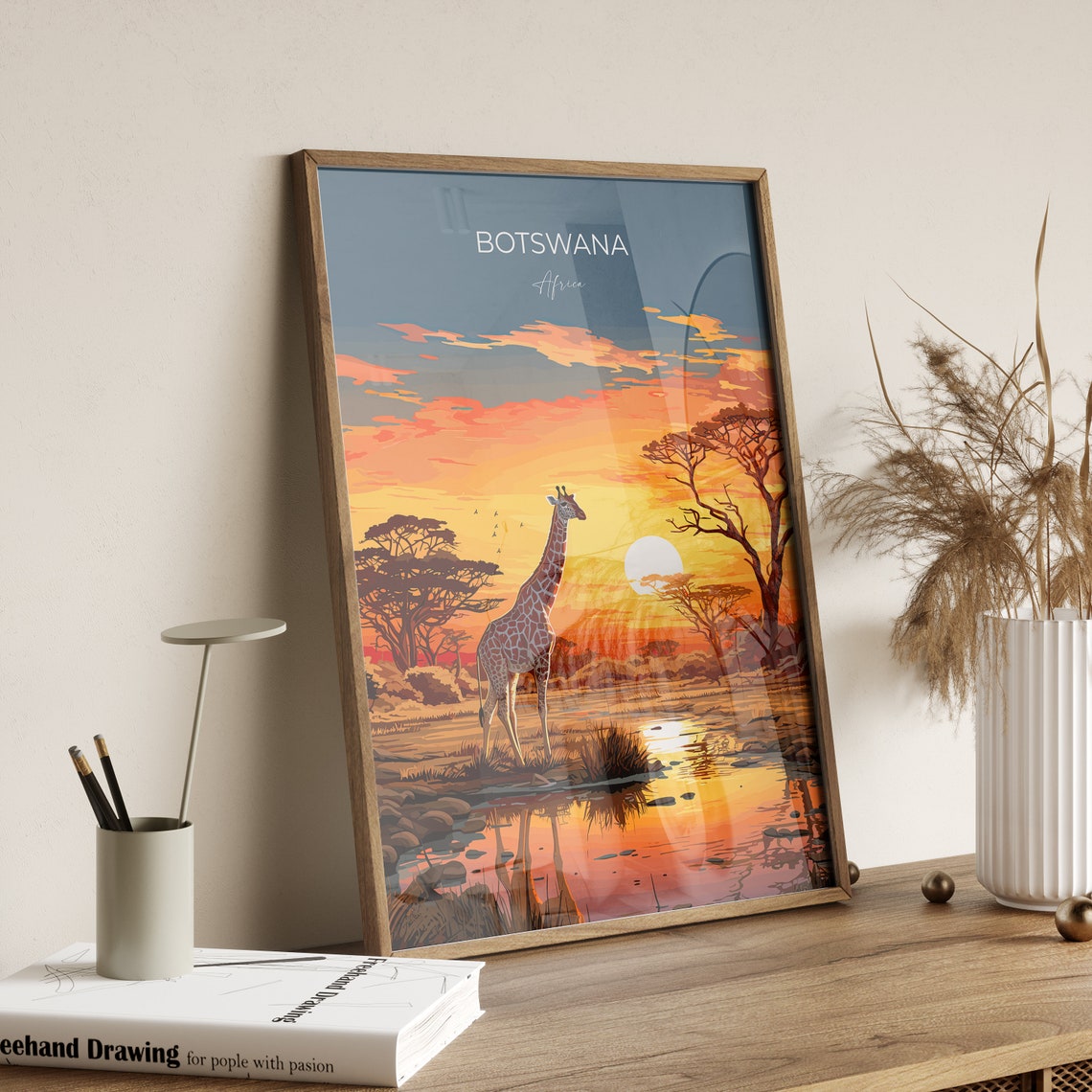 Botswana Africa Giraffe Waterhole Sunset Glow Vintage Travel Poster - Image 2