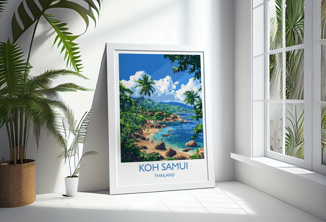 Koh Samui Thailand Tropical Beach Palm Trees Rocky Cove Travel Poster - Image 2