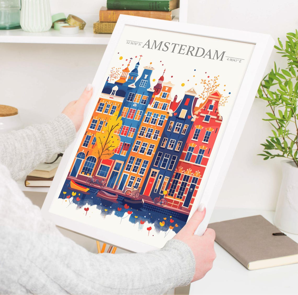Amsterdam Netherlands Canal Houses in a Cheerful Watercolor Poster - Image 3