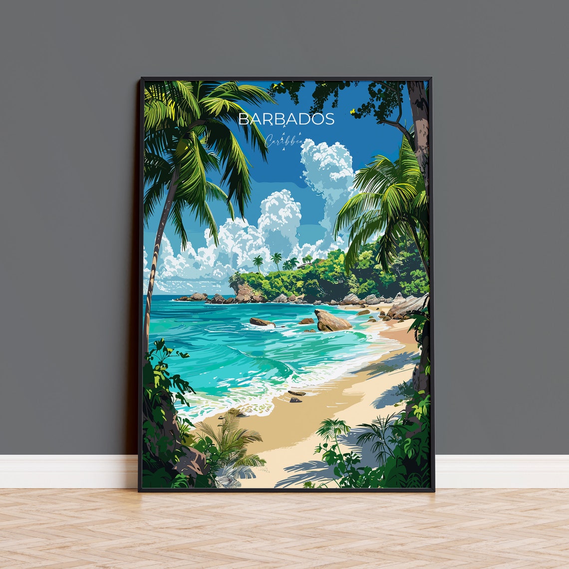 Barbados Caribbean Palm Framed Rocky Beach Waves Travel Poster