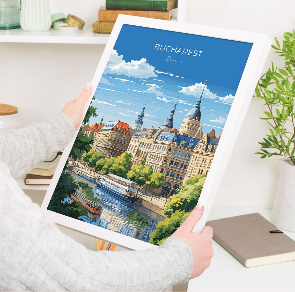 Bucharest Romania Old Town Summer River Boat Vintage Travel Poster - Image 5