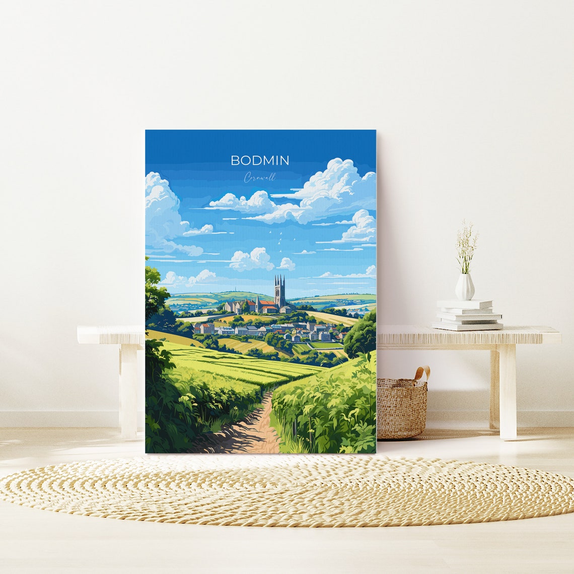Bodmin Cornwall Village Church Tower Rolling Green Hills Travel Poster - Image 3