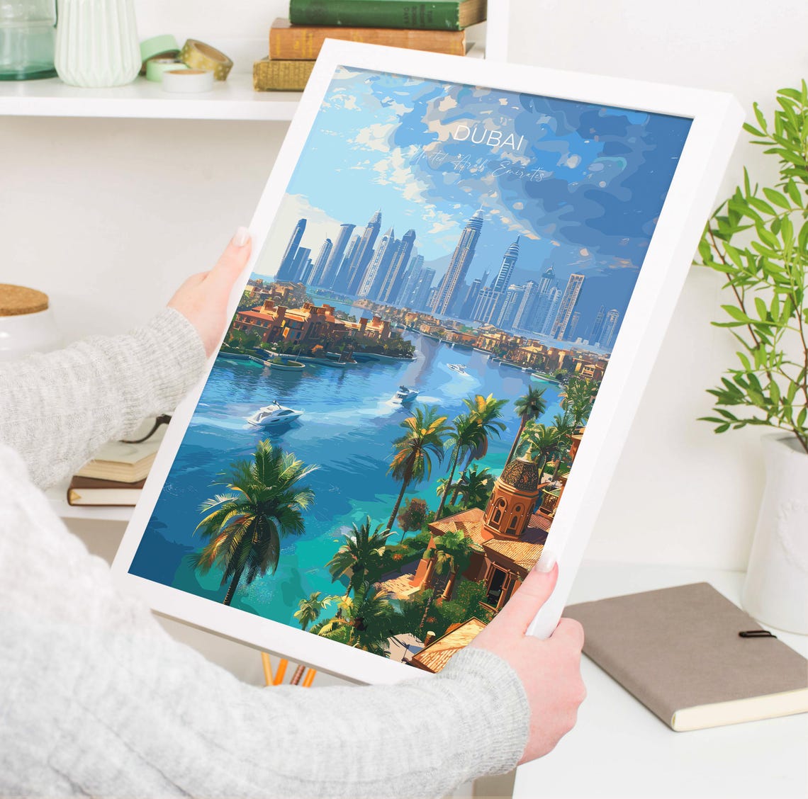 Glittering Dubai Marina Skyline Palm Trees Modern Travel Poster - Image 3