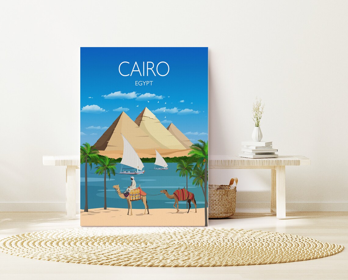Cairo Egypt Giza Pyramids Camels Nile Sailboats Travel Poster - Image 3