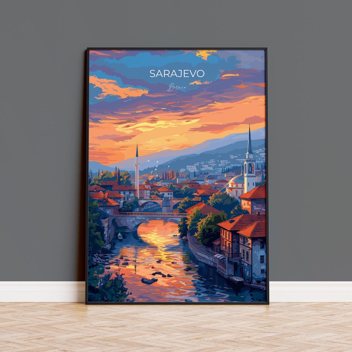 Sarajevo Bosnia Sunset River Skyline Golden Modern Travel Poster