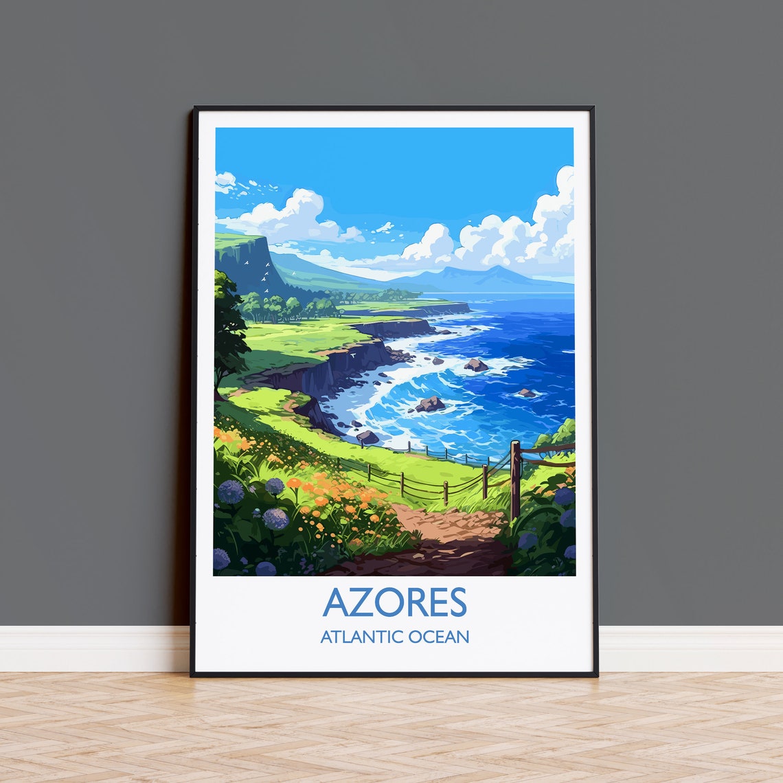 Azores Atlantic Ocean Green Cliffs Flower Trail Travel Poster