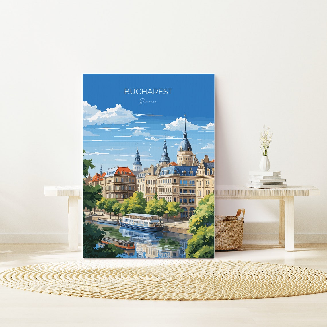 Bucharest Romania Old Town Summer River Boat Vintage Travel Poster - Image 3