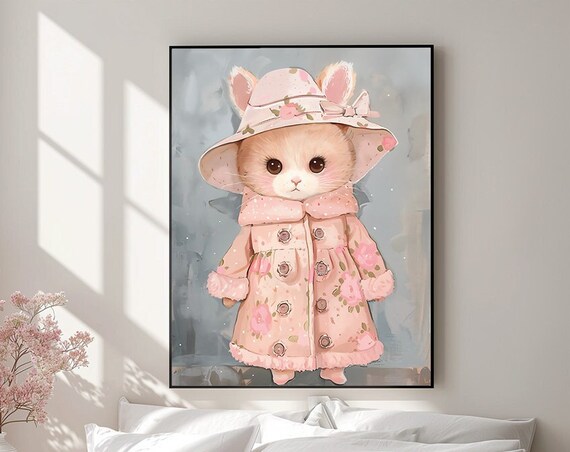 Very Chic Dressed Cat Nursery Print Adorable Cute Animal In Floral Coat With Hat Poster Perfect Pink Girl Nursery Decor