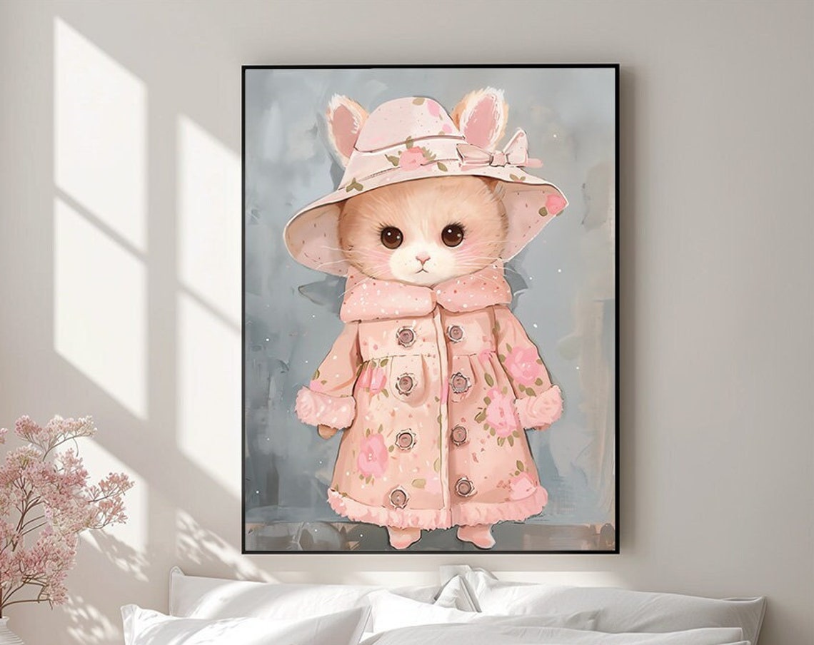Chic Cat in Pink Floral Coat Nursery Poster With Adorable Hat