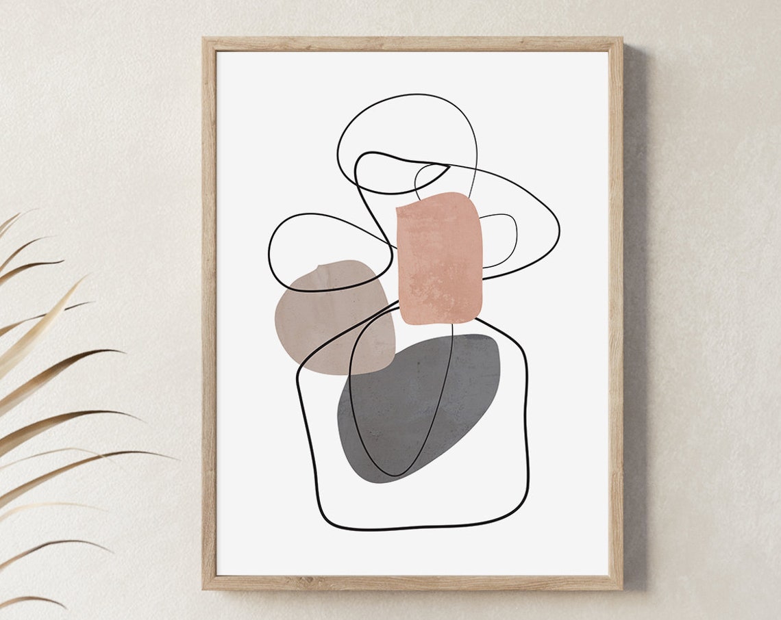 Continuous Black Line Abstract with Blush Shapes Modern Minimal Poster - Image 4