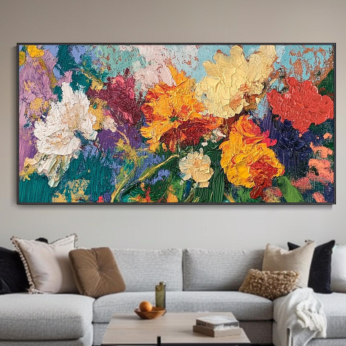 Bold Colorful Floral Bouquet Impasto Garden Flowers Wall Art