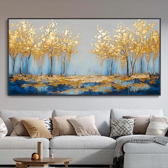 Golden Forest Oil Painting Large Original Art Living Room Decor 3d Tree Texture Thick Texture Gold Foil Art Wall Decor High End